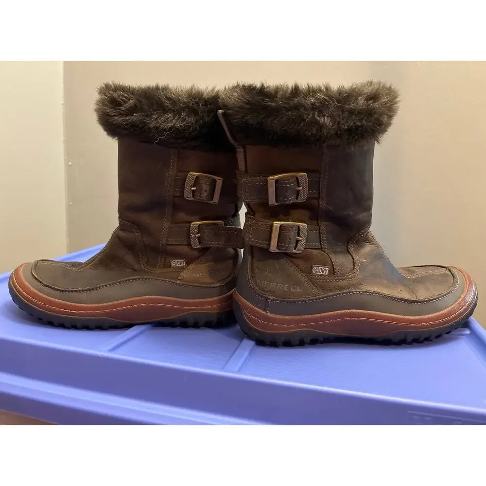 Merrell Womens Decora Chant Winter Boots Leather Buckles Side Zip Brown Size 6
